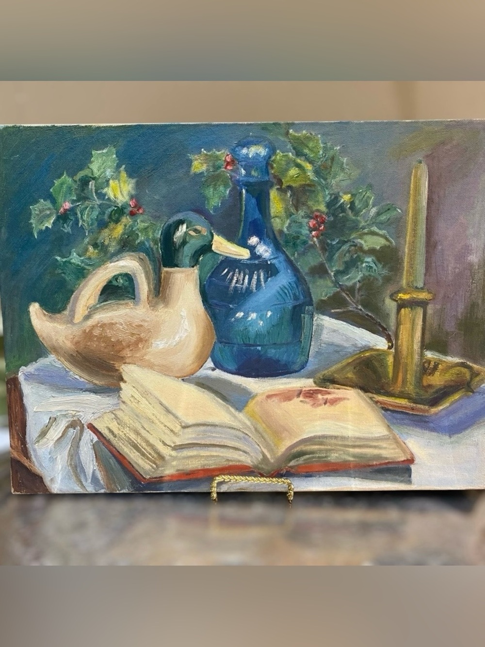 Vintage Original Painting Oil on Board Still Life Duck Book Vase Candle